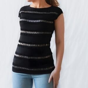 Ann Taylor Women M Black Sequin Blouse tank top sleeveless sparkle accent metal